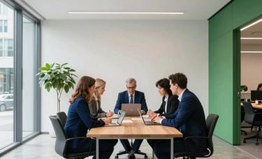 A bright, minimalist office space in a modern German business district. Professionals in Central European attire are collaborating around a large wooden table. High ceilings and professional lighting. Colors focus on deep blue and forest green accents.
