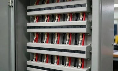 A complex, custom-built electrical control panel with neatly arranged wires in red, black, and white, mounted inside a gray steel enclosure. Professional North American workshop setting, sharp focus, industrial strength lighting.