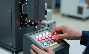 Close-up of industrial automation equipment in a North American factory. A technician's hand is adjusting a control interface with glowing red and white indicator lights. The background shows dark gray machinery and a clean, organized workspace.
