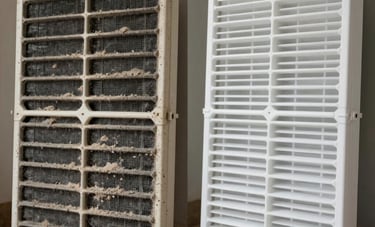 A side-by-side comparison photo: the left side shows a very dirty, grey air conditioning filter clogged with dust; the right side shows a sparkling clean, bright white sanitized filter. Professional lighting, South American setting.