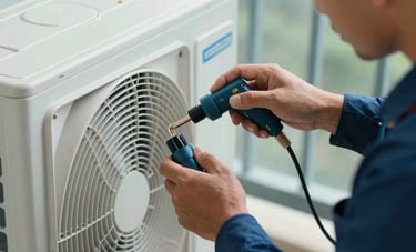 Close-up of a Brazilian technician's hands using professional tools to inspect an outdoor air conditioning condenser unit on a sunny balcony, focus on reliability, palette of light blue and navy blue tones.
