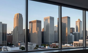 A wide photography shot of a modern North American city skyline through a clean glass window. Sharp focus on the architectural lines of the buildings during the golden hour. The image conveys growth and a premium professional environment. Colors include light blue and blue-grey.