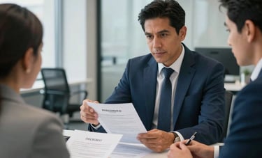 A wide photography shot of a professional business consultation in a North American / US Hispanic setting. A consultant is reviewing company formation papers with a client. The office is bright and professional with steel blue tones.