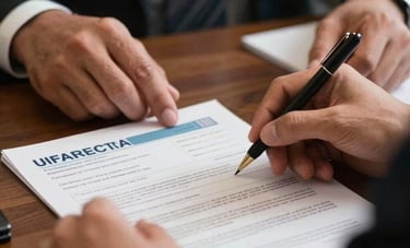 A close-up photography of professional hands in a North American / US Hispanic office setting, carefully organizing official immigration documents. The scene is lit with warm, empathetic light, conveying trust and clarity.
