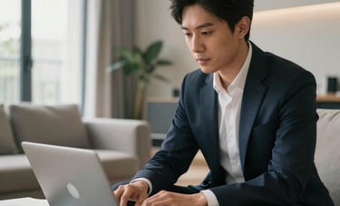 A sophisticated lifestyle photograph of a professional in a modern French apartment lounge, using a slim silver laptop. Soft daylight illuminates the minimalist space, emphasizing a feeling of freedom and financial success.