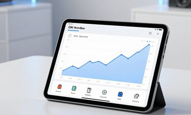 A clean, high-tech still life of a tablet showing a bright dashboard with upward trending sales charts and product icons. Set in a bright, modern European studio with minimalist white furniture and blue accent lighting.