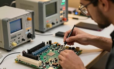 A focused shot of a television motherboard being serviced by a skilled technician. The setting is a technologically adept repair center in Dubai, with warm gold lighting accents and sophisticated electronic testing equipment.