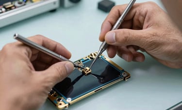 A close-up photograph of a technician's hands using precision tools to repair a high-end OLED screen. The workspace is professional and clean, with steel blue and mist tones. Located in a specialized repair lab in Dubai.
