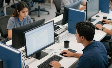 A high-angle shot of a collaborative South American Brazilian workspace with modern computers and ergonomic furniture. The scene is organized and efficient, with a clean aesthetic in shades of white and blue, conveying a high-quality service environment.