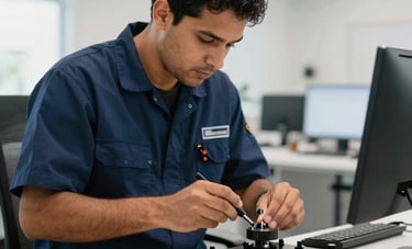 A professional South American Brazilian technician in a clean navy blue uniform carefully assembling technical equipment in a modern, bright office space. The lighting is natural and clear, emphasizing precision and professionalism.