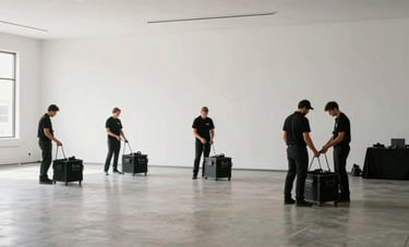 A wide shot of a clean, minimalist North American event space after a function, with professional breakdown crews in black uniforms neatly packing away equipment under soft white lighting.
