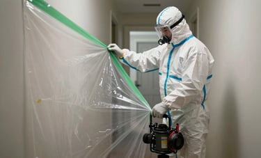 Mold remediation expert in a hazmat suit sealing off a North American residential hallway with professional grade plastic sheeting and green tape, industrial equipment visible.
