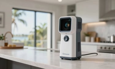 Close-up of a professional air quality testing device on a clean kitchen island, blurred Florida sunroom in the background, clean and clinical lighting, modern home interior.
