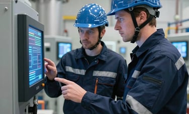 Two professional engineers with Scandinavian features, wearing dark blue technical gear and helmets, inspecting a digital terminal inside a modern energy station. The clean, high-tech environment features steel surfaces and electric blue lighting. Cinematic and sharp photography.