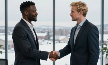 A medium shot in a minimalist glass-walled office overlooking a snowy Russian landscape. A man of African descent and a blonde man of Scandinavian descent are shaking hands firmly, symbolizing professional cooperation and diversity. Both wear smart-casual corporate attire. Sharp focus, professional atmosphere.