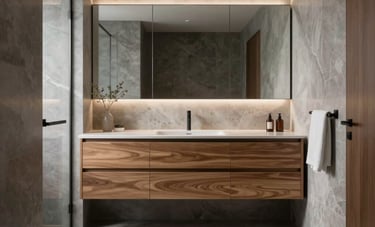 Salle de bain moderne et épurée récemment rénovée en Moselle, Northeastern France / Grand Est. Carrelage grand format gris ardoise, meuble vasque minimaliste en bois et finitions cuivre. Ambiance zen, lumineuse et haut de gamme, montrant le savoir-faire d'artisan en finitions visibles.