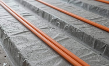Installation d'un système de plancher chauffant hydraulique dans une maison neuve à Nancy, Northeastern France / Grand Est. Les tubes orange sont disposés avec précision sur un isolant gris, photo prise en grand angle montrant la rigueur technique avant la dalle.