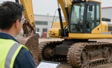 A professional photograph of a consultant holding a tablet while discussing heavy equipment strategy with a client at a North American industrial yard.
