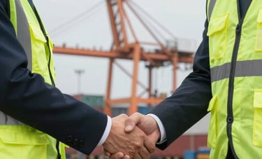 A professional close-up of two business professionals in high-visibility vests shaking hands at a North American shipping yard with a large crane in background.