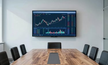 A wide-angle professional photograph of a minimalist conference room with a large wooden table in a Spanish business district. A digital screen shows complex financial data. Strategic and empowering atmosphere with bright, soft shadows and light blue tones.