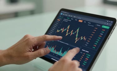 A macro photograph focusing on professional hands interacting with a high-resolution tablet displaying a modern financial dashboard. The background is a soft-focus minimalist office in the Iberian Peninsula. Clean lighting with sage green and dark blue accents.