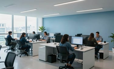 Wide shot of a modern Brazilian architectural office interior with minimalist furniture. South American professionals are collaborating on high-end computers under soft, natural daylight. The scene reflects corporate efficiency and professionalism, using a palette of light blue and medium blue.