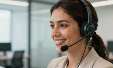 Close-up of a smiling South American professional woman wearing a modern headset in a bright, airy office. The background features blurred glass partitions. She looks efficient and focused, conveying high-quality customer service. Lighting is clean and professional.