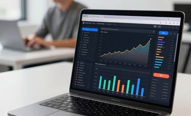 A professional, minimalist North American / US office setting. Close-up on a high-end laptop screen displaying colorful SEO analytics and growth charts. In the blurred background, a focused team member works in an uncluttered, bright environment. The style is modern and creative, featuring matte black and white surfaces.