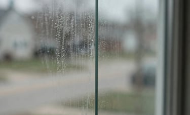 A split-view macro photograph of a glass window surface; one side shows hazy white mineral deposits and hard water stains, while the other side is restored to perfect transparency. North American suburban setting.