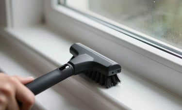 A close-up photograph of a clean, white window track being detailed with a professional brush and vacuum. Modern North American interior setting with soft, natural lighting coming through the window.