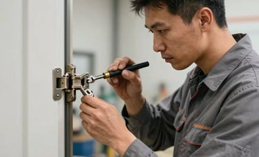 A professional technician in a steel gray uniform working on a heavy door hinge with specialized tools in a bright workshop, North American setting.