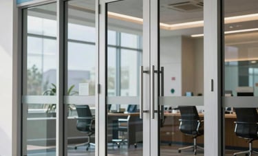 Sleek commercial double glass doors with industrial steel handles in a bright, modern North American corporate lobby with light blue and steel gray accents.