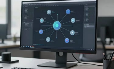 A futuristic but clean workspace with a monitor displaying an AI node network or automation workflow diagram, minimalist tech vibe, North American / US, cool slate tones.