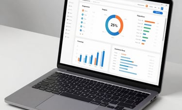 A modern laptop on a clean desk showing performance metrics and data dashboards, minimalist SaaS interface style, North American / US, professional slate gray and cool white colors.