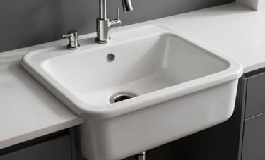 A detailed shot of a perfectly restored white ceramic kitchen sink in a Brooklyn loft. The surface is brilliant and smooth, with daylight reflecting off the curves. Industrial minimalist setting with dark grey accents and bright white surroundings.
