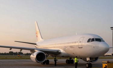 Un avión de carga estacionado en la pista de un aeropuerto internacional en Latinoamérica al atardecer, con personal de logística trabajando de forma coordinada.