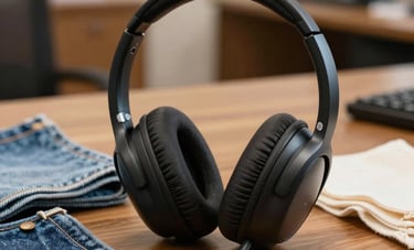 Close-up of a high-quality professional headset resting on a wooden desk next to samples of denim and cotton fabrics. A blurred Brazilian office background with warm lighting, emphasizing the bridge between technology and traditional textile manufacturing.