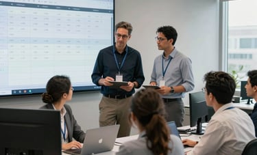 A group of professional customer success managers in a sleek, modern office in Brazil, collaborating in front of large screens showing logistics and textile production schedules. The atmosphere is professional, efficient, and technologically advanced, with a gray and white color palette.