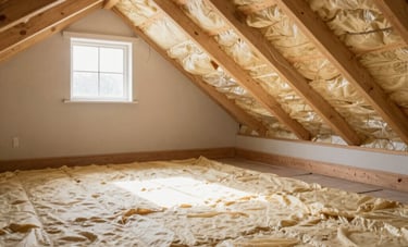 Wide shot of a clean, bright, and well-organized Hispanic home attic with new insulation perfectly installed. Natural light coming from a small window, professional and airy.