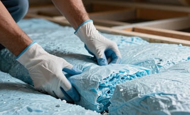 Close-up of Hispanic hands in protective gloves installing thick, pale blue insulation bats in an attic space. Sharp focus, professional photography style.