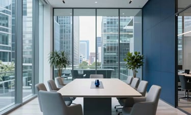 A modern, sophisticated meeting room in a Western European / French financial district. Clear glass walls, high-end minimalist furniture, and a bright atmosphere. The color palette emphasizes light blue and navy tones to project professional clarity.