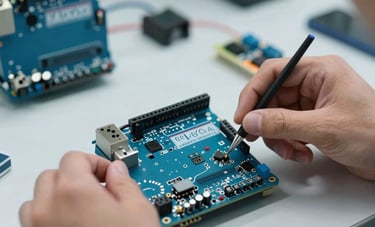 Close-up of hands working with an Arduino board and electronic sensors in a professional tech laboratory in Argentina. The lighting is crisp and modern, highlighting the sophisticated educational equipment and premium teaching environment.
