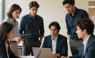 A group of young South American professionals in a bright, minimalist collaborative space discussing a digital marketing strategy. The scene reflects authority and modern education with soft gold and dark blue tones in the background.