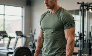 High-end fitness photography of a male athlete focused on strength training in a modern, industrial-style gym. Soft natural light, North American setting, professional and muted green color palette.