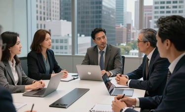 A collaborative strategic meeting in a glass-walled conference room overlooking a bustling North American financial district. A sleek white table holds professional notebooks and modern tech, conveying innovative business acumen.