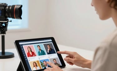 A professional video producer in a bright, modern US creative studio reviewing high-conversion digital ad footage on a sleek tablet. The background is a clean, professional off-white space with soft blue backlighting.