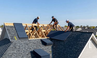 A wide-angle photography shot of a suburban North American house undergoing a full roof replacement. Experienced contractors are seen working on the roof structure under a blue sky, with stacks of dark blue shingles ready for installation.
