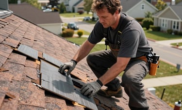 A professional roofing expert in North American work gear inspecting storm damage on a residential roof. The scene shows high-quality camera work focusing on the details of wind-damaged shingles against a backdrop of a local Jackson Township neighborhood.