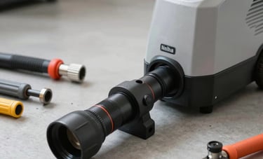 Close-up photography of professional plumbing equipment, including a modern hydro-jetting machine and tools, on a clean light gray floor in a North American setting. High-quality, sharp focus.