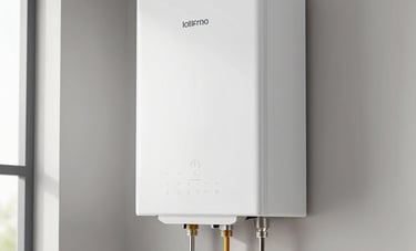 A high-efficiency tankless water heater mounted on a wall in a clean, modern North American utility room. Bright and professional lighting emphasizing a quality installation.
